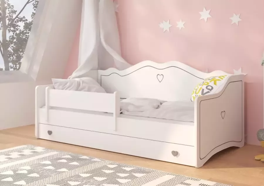 Maxi Maja Emka Juniorbed met matras Kinderbed 160 x 80 cm Wit Grijs Hartjes