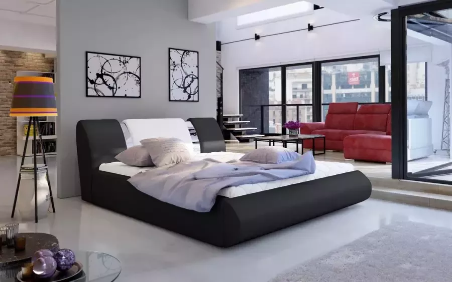 Maxi Maja Flavio slaapkamer bed 180x200 met opberger houten verhoogd frame eco-leer zwart+wit Maxi Huis