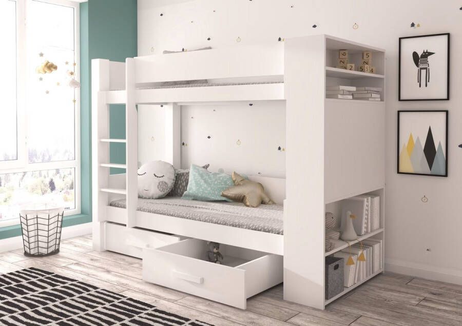 Maxi Huis GARET Tweepersoonsstapelbed met matrassen 200x90 Wit Met Planken en Laden