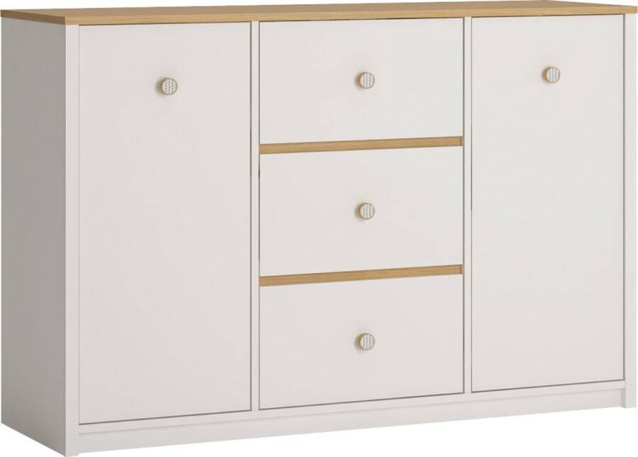 Maxi Maja GLOBO K01 ladekast met laden en planken breedte 135 cm voor slaapkamer woonkamer jeugd jeugdmeubilair wit + eiken