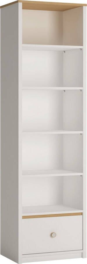Maxi Huis GLOBO R01 1S Hoge staande open boekenkast met lade breedte 54 5 cm jeugdmeubilair boekenkast voor de kamer wit + eiken