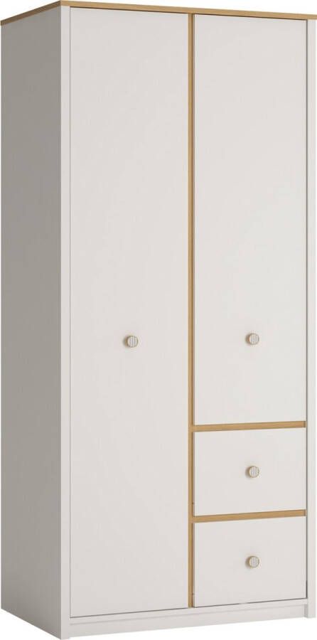 Maxi Huis GLOBO S02 kledingkast met laden en planken jeugdmeubel slaapkamermeubel openslaande deuren breedte: 85 cm wit + eiken