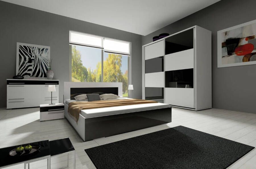 Maxi Huis Havana Bed 160 x 200 cm met matras en beddengoedcontainer tweepersoonsbed mat wit glanzend zwart