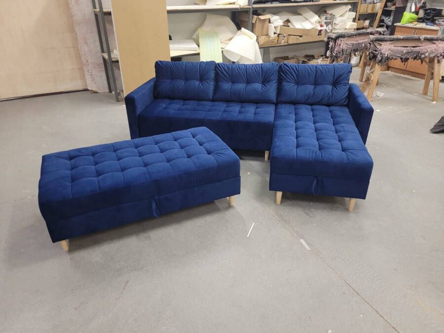 Maxi Huis Hoekbank + hocker Hoekbank met slaapfunctie en opberger Rechterkant Fluwelen stof Donkerblauw 220 x 150 cm