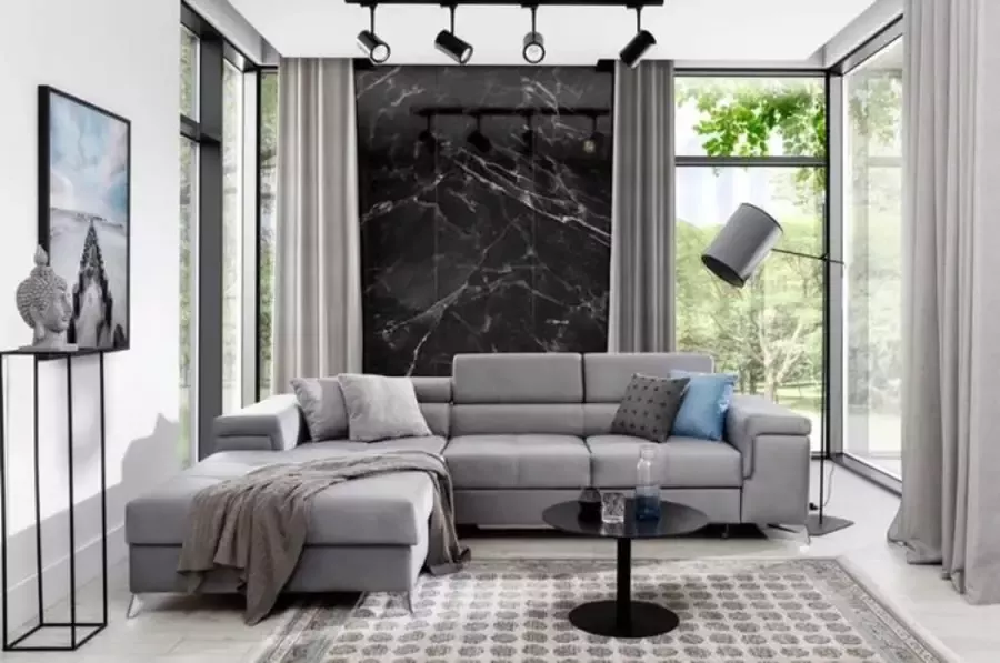 Maxi Huis Hoekbank Ricardo L Slaapfunctie Opberger Verstelbare hoofdeinden Grijs Waterafstotende stof 280 x 205 cm