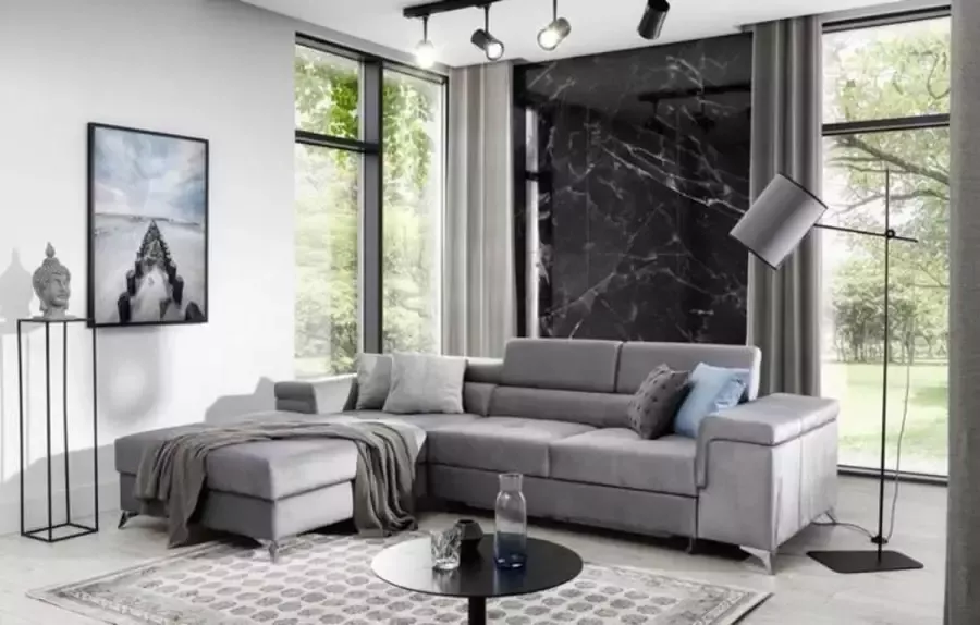 Maxi Huis Hoekbank Ricardo O Slaapfunctie Opberger Grijs Waterafstotende stof 280 x 205 cm Verstelbare hoofdeinden