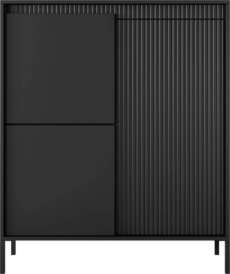 Maxi Maja Hoge ladekast 3 deuren Metalen poten Ruime planken Zwarte kleur 104 cm