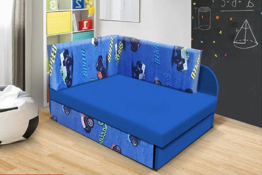 Maxi Maja Kinderhoekbank Met slaapfunctie Opvouwbaar Container Verstelbare lengte van het slaapoppervlak Blauwe bank Autopatroon