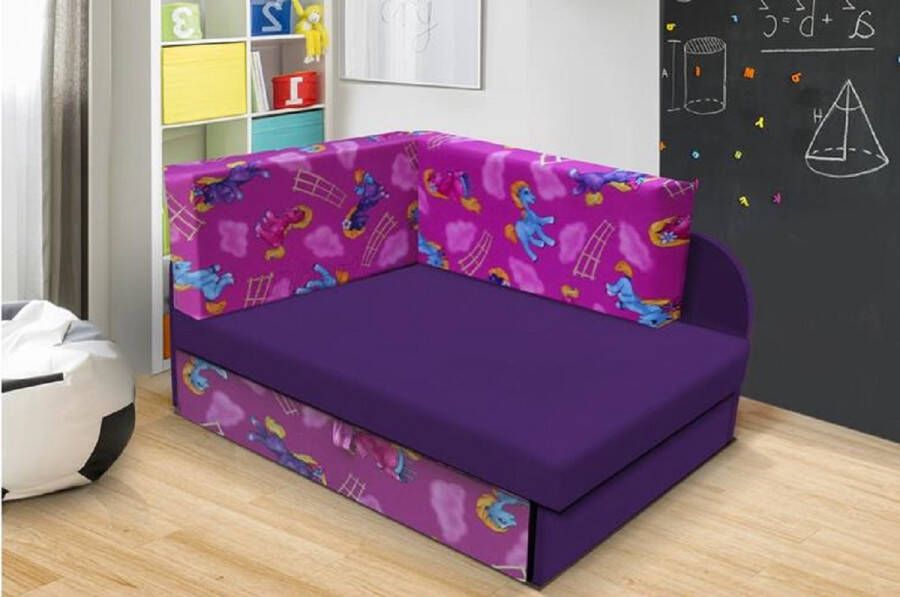 Maxi Maja Kinderhoekbank Met slaapfunctie Opvouwbaar Container Verstelbare lengte van het slaapoppervlak Roze en paarse bank Eenhoornpatroon