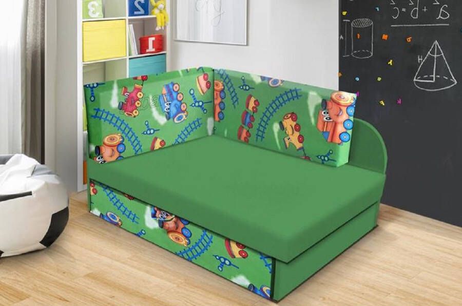 Maxi Maja Kinderhoekbank Met slaapfunctie Opvouwbaar Container Verstelbare lengte van het slaapoppervlak Groene bank Locomotiefpatroon