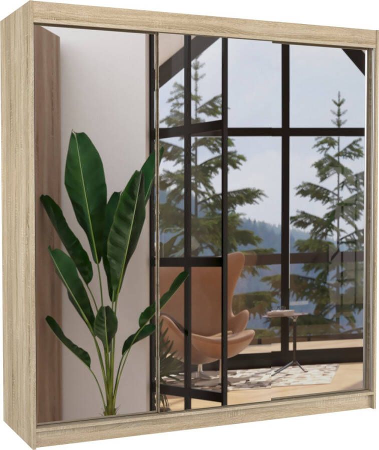 Maxi Huis Kledingkast Austin 3 schuifdeuren Kledingkast met spiegel Planken Kledingroede 200 cm Sonoma Ruime kledingkast