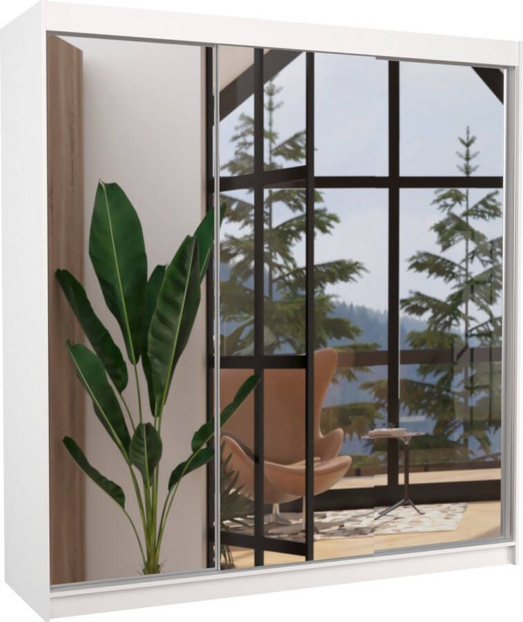 Maxi Huis Kledingkast Austin 3 schuifdeuren Kledingkast met spiegel Planken Kledingroede 200 cm Wit Ruime kledingkast