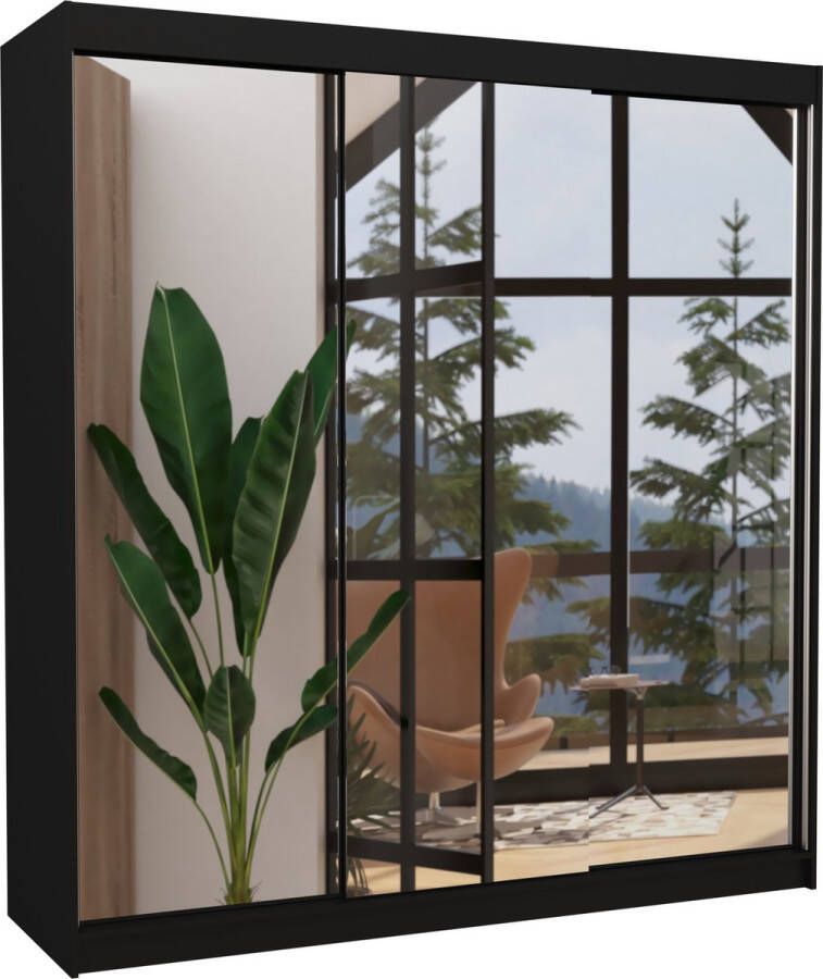 Maxi Huis Kledingkast Austin 3 schuifdeuren Kledingkast met spiegel Planken Kledingroede 200 cm Zwart Ruime kledingkast