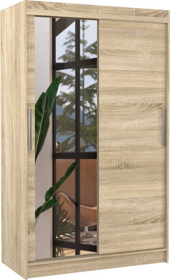Maxi Huis Kledingkast Bario 2 schuifdeuren Spiegel Planken Rails Ruim Sonoma 120 cm