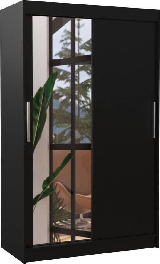 Maxi Maja Kledingkast Bario 2 schuifdeuren Spiegel Planken Rails Ruim Zwart 120 cm