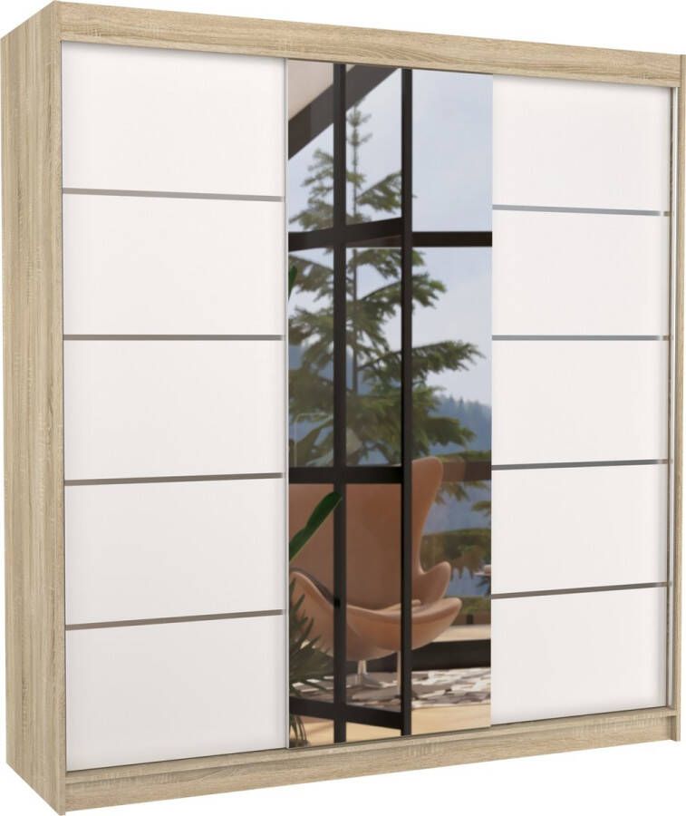 Maxi Huis Kledingkast Bergen 3 schuifdeuren Kledingkast met spiegel Planken Kledingroede 200 cm Wit Sonoma Ruime kledingkast