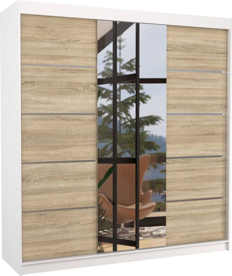Maxi Maja Kledingkast Bergen 3 schuifdeuren Kledingkast met spiegel Planken Kledingroede 200 cm Wit Sonoma Ruime kledingkast