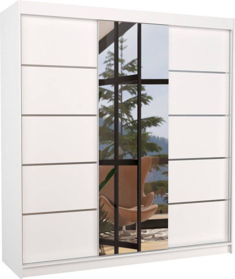 Maxi Huis Kledingkast Bergen 3 schuifdeuren Kledingkast met spiegel Planken Kledingroede 200 cm Wit Ruime kledingkast