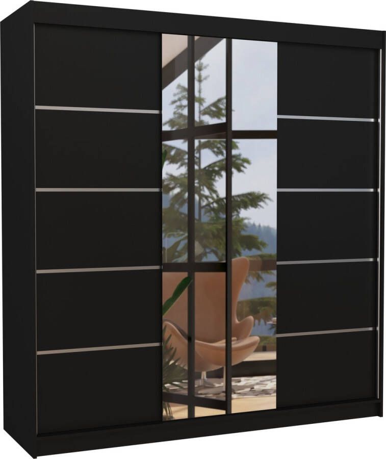 Maxi Huis Kledingkast Bergen 3 schuifdeuren Kledingkast met spiegel Planken Kledingroede 200 cm Zwart Ruime kledingkast