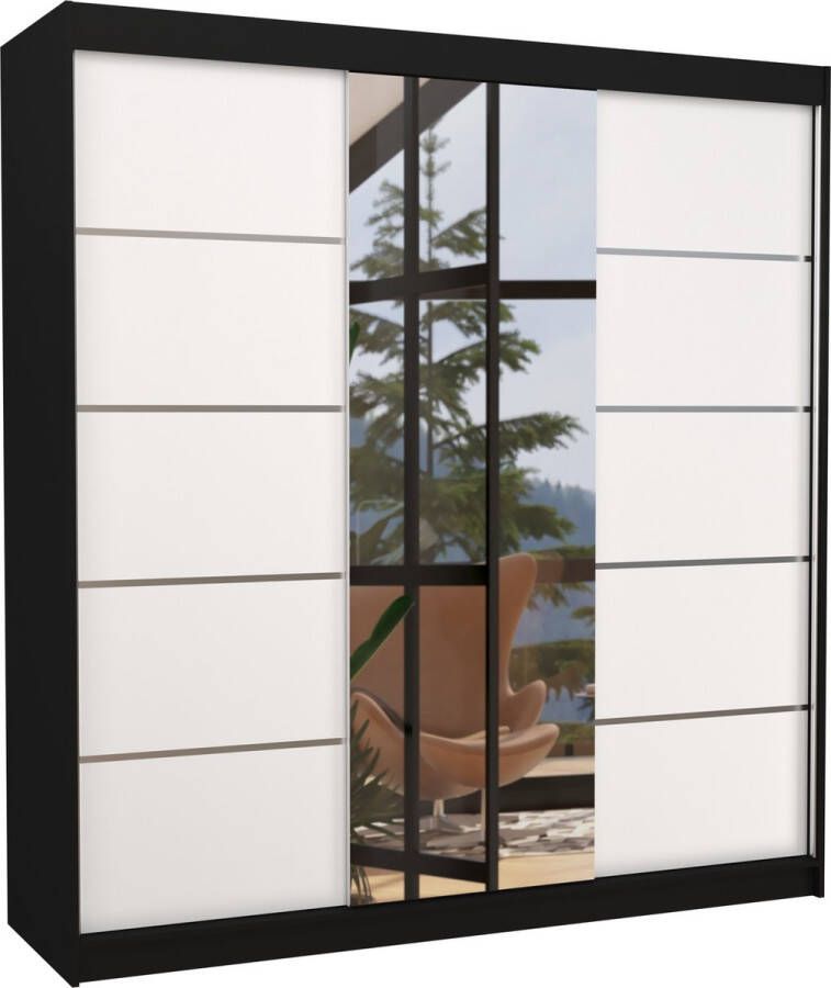 Maxi Huis Kledingkast Bergen 3 schuifdeuren Kledingkast met spiegel Planken Kledingroede 200 cm Zwart Wit Ruime kledingkast