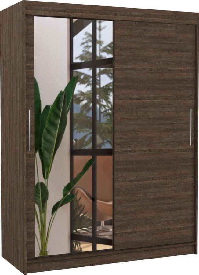 Maxi Huis Kledingkast Bianco 2 schuifdeuren Kledingkast met spiegel Planken Kledingroede 150 cm Choco Ruime kledingkast