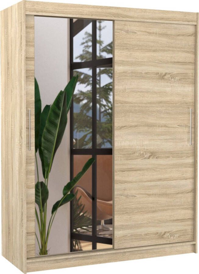 Maxi Huis Kledingkast Bianco 2 schuifdeuren Kledingkast met spiegel Planken Kledingroede 150 cm Sonoma Ruime kledingkast