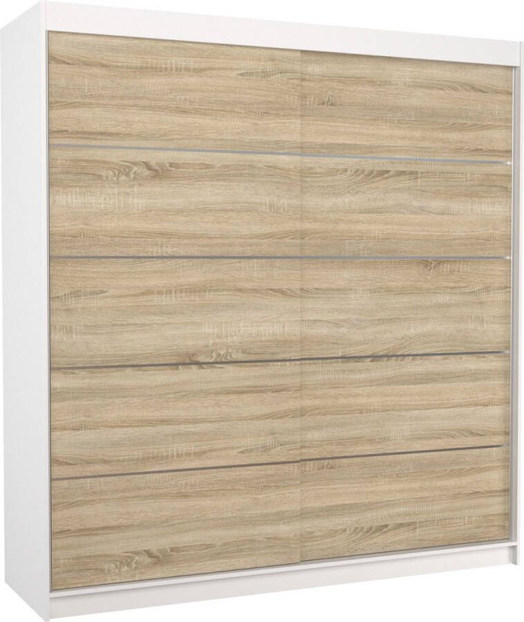 Maxi Huis Kledingkast Esteva 2 schuifdeuren Planken Kledingroede 200 cm Wit Sonoma Ruime kledingkast