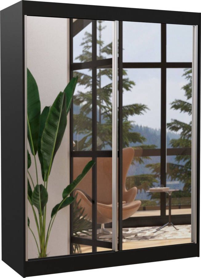 Maxi Maja Kledingkast Florest 2 schuifdeuren Kledingkast met spiegel Planken Kledingroede 150 cm Zwart Ruime kledingkast