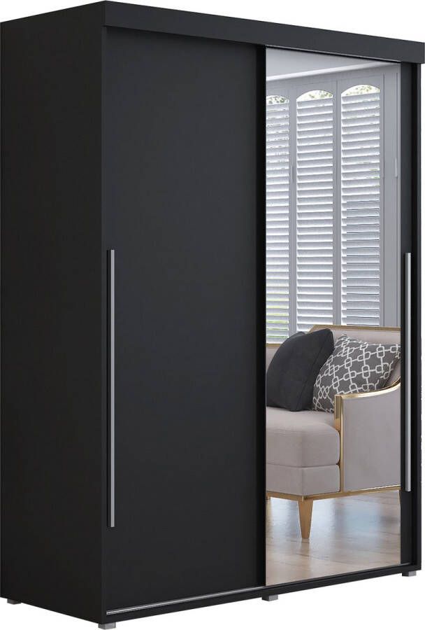 Maxi Huis Kledingkast met 2 schuifdeuren Kledingkast met spiegel IGA I 120 cm Zwart Zilveren handgrepen Interieur met planken en roede