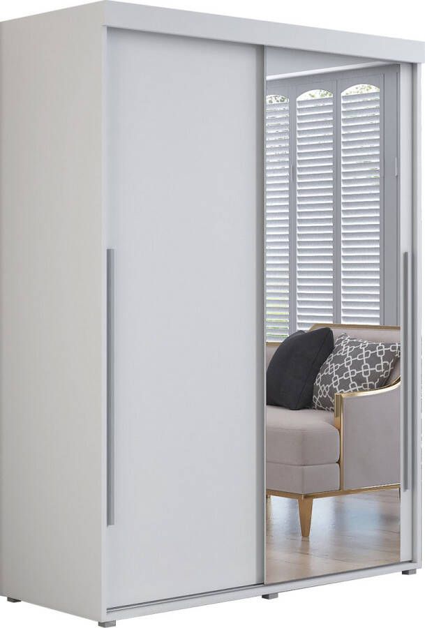 Maxi Huis Kledingkast met 2 schuifdeuren Kledingkast met spiegel IGA I 200 cm Wit Zilveren handgrepen Interieur met planken en roede