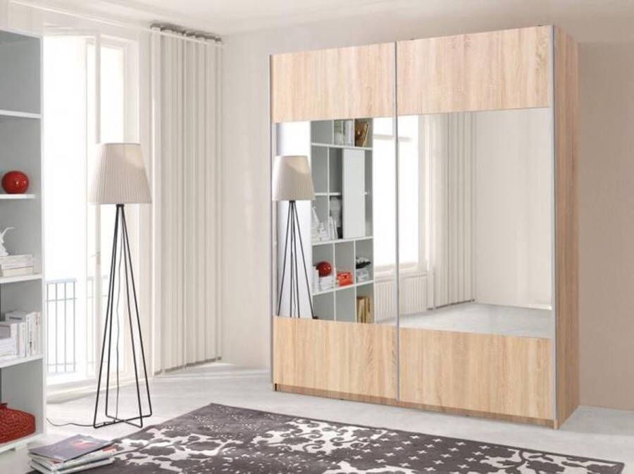 Maxi Huis Kledingkast met schuifdeuren Kledingkast met spiegel Sonoma Planken Kledingroede Ruime kledingkast 175 cm