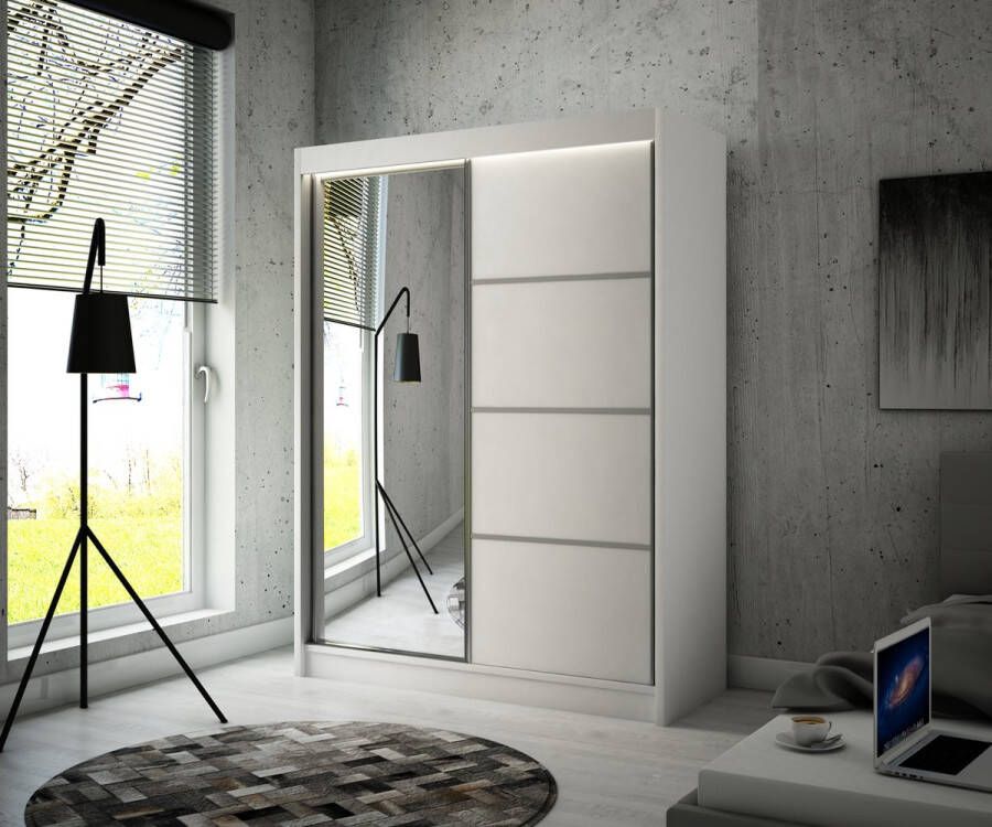 Maxi Huis Kledingkast PAKO 2 schuifdeuren met spiegel Planken Kledingroede Wit 150 cm