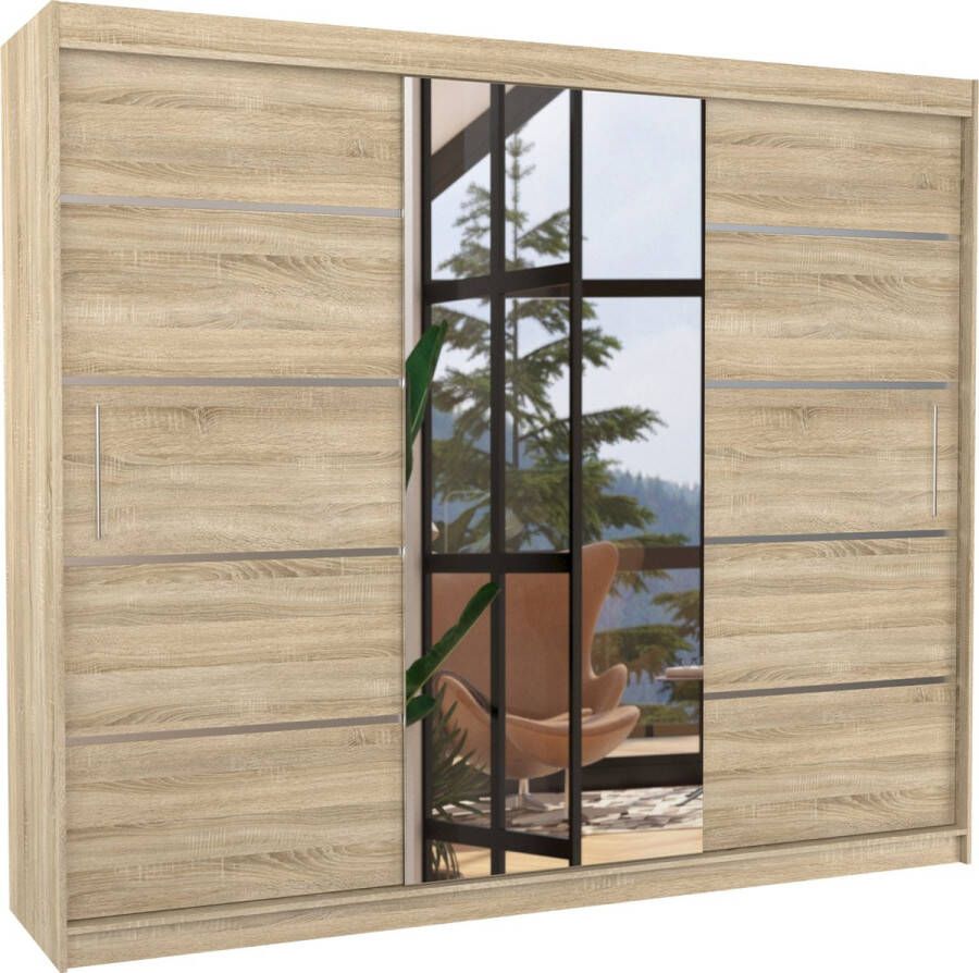 Maxi Huis Kledingkast Salto 250 3 schuifdeuren Spiegel Planken Rails Ruim Sonoma 250 cm
