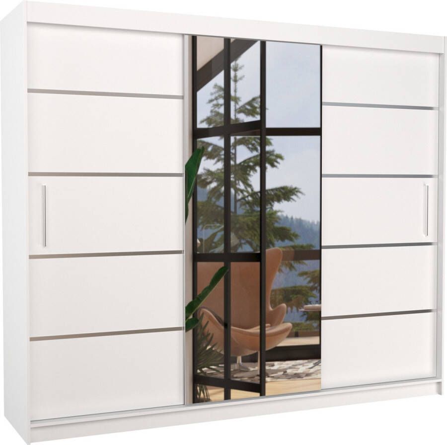 Maxi Huis Kledingkast Salto 250 3 schuifdeuren Spiegel Planken Rails -Ruim Wit 250 cm