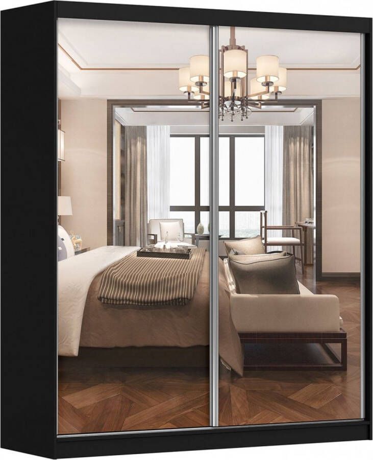 Maxi Huis Kledingkast Spiegel 2 schuifdeuren Planken Kledingroede Zwart 203 cm