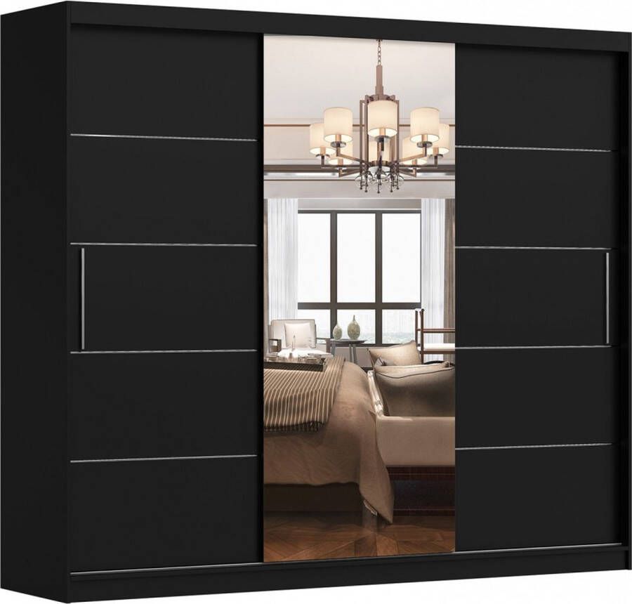 Maxi Huis Kledingkast Spiegel 3 schuifdeuren Planken Kledingroede Zwart 250 cm