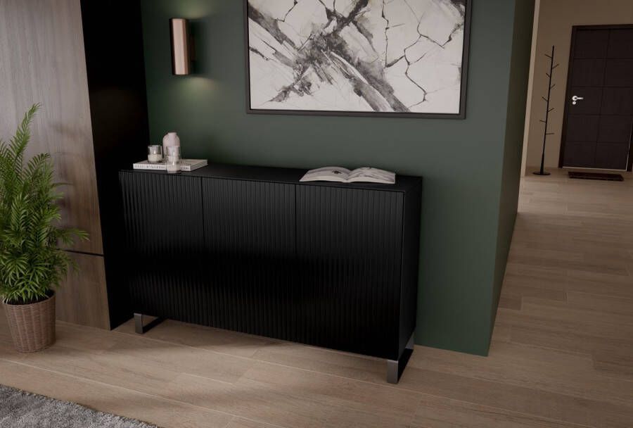 Maxi Maja Ladekast in loftstijl Gefreesde voorkant Hoge ladekast Metalen poten 3 deuren breedte 150 cm Zwart