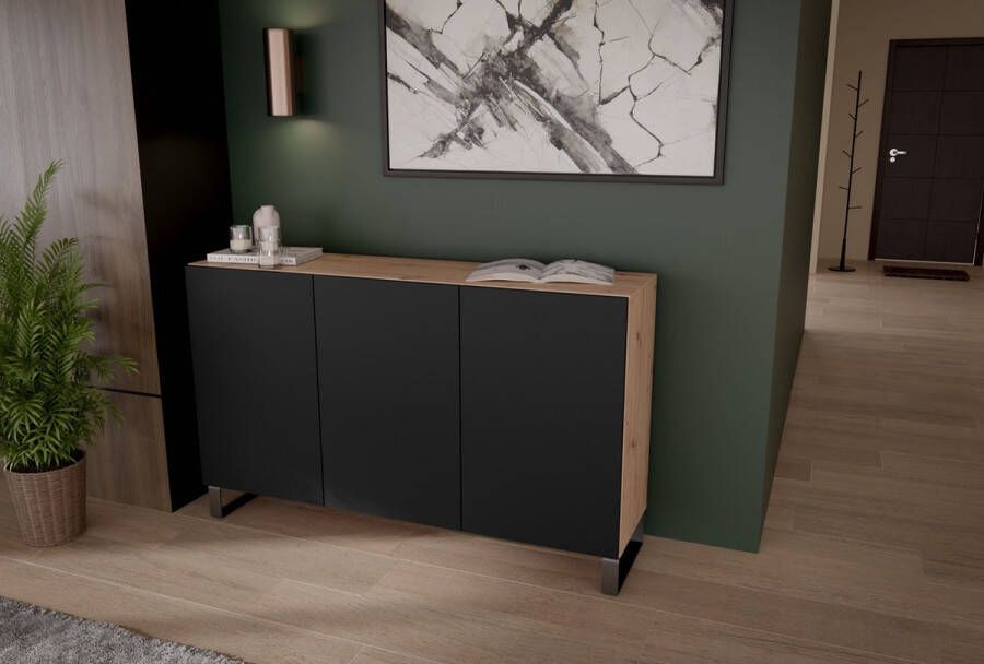 Maxi Maja Ladekast in loftstijl Hoge ladekast Metalen poten 3 deuren breedte 150 cm Zwart + ambachtelijk eiken