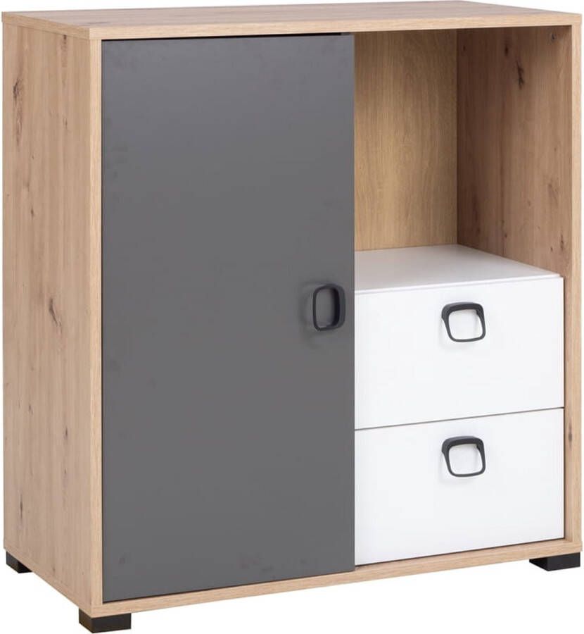 Maxi Maja Kevin meubels ladekast 80 cm 1 stuk ambachtelijk eiken en grafiet en wit met zwarte handgrepen