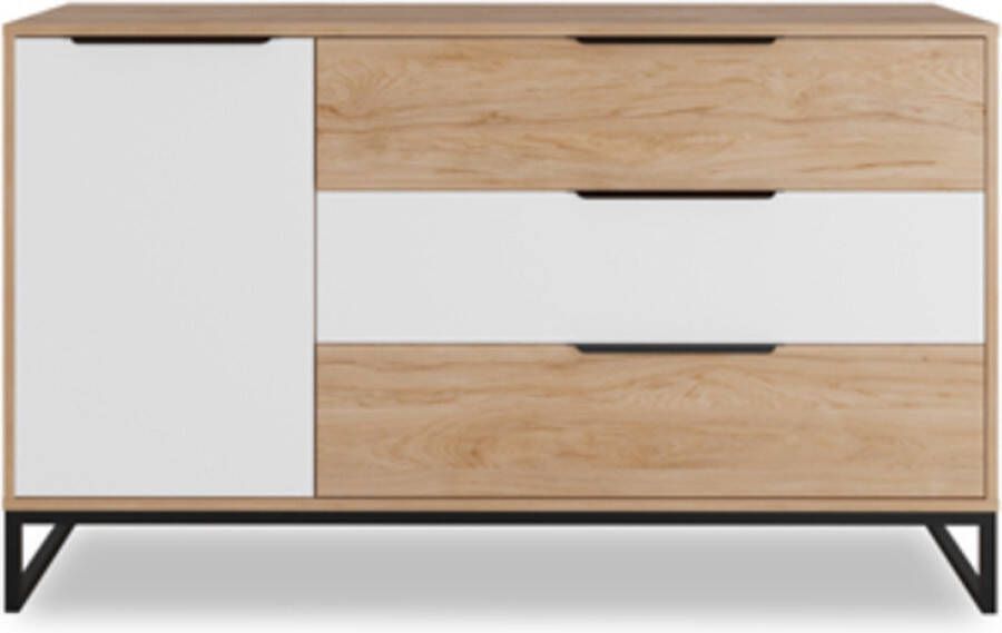 Maxi Huis Ladekast Planken Lades Ruim Metalen handgrepen hickory + wit mat 135 cm