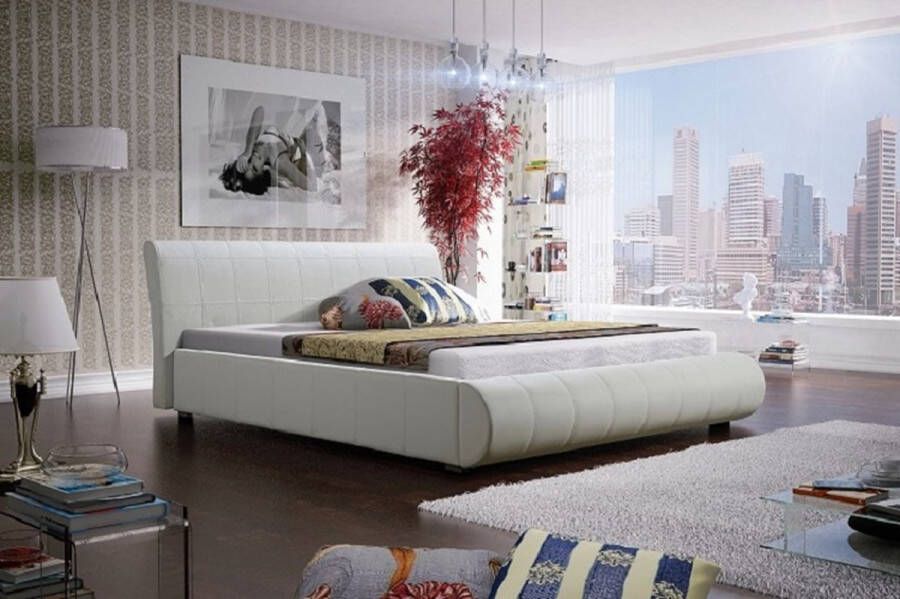 Maxi Huis Lana 200 x 200 Gestoffeerd tweepersoonsbed bed met frame en opbergruimte slaapkamerbed ecoleer wit