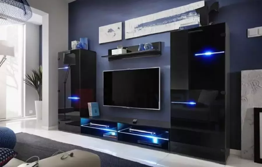 Maxi Huis Modern- TV Meubel Led RGB Zwart Mat Zwart Glanzend 280 cm