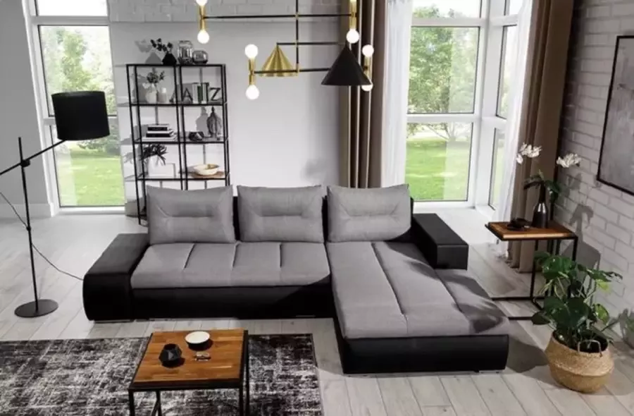 Maxi Maja Ottavio uitklapbare hoekbank met slaapfunctie met beddengoedcontainer rechterkant comfortabel voor in de woonkamer moderne grote hoekbank L zwart grijs 275 x 180 cm