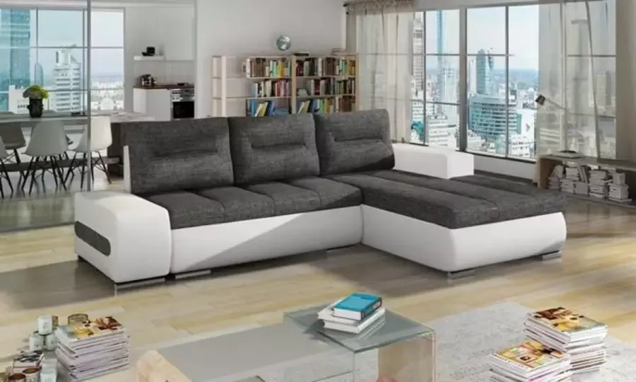 Maxi Maja Ottavio uitklapbare hoekbank met slaapfunctie met beddengoedcontainer linkerkant comfortabel voor in de woonkamer moderne grote hoekbank L wit grijs 275 x 180 cm - Foto 1