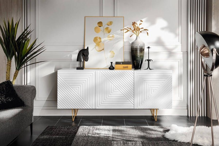 Maxi Huis Pyramide 3D ladekast breedte 160 cm mat wit dressoir drie deuren met planken gouden poten voor de woonkamer