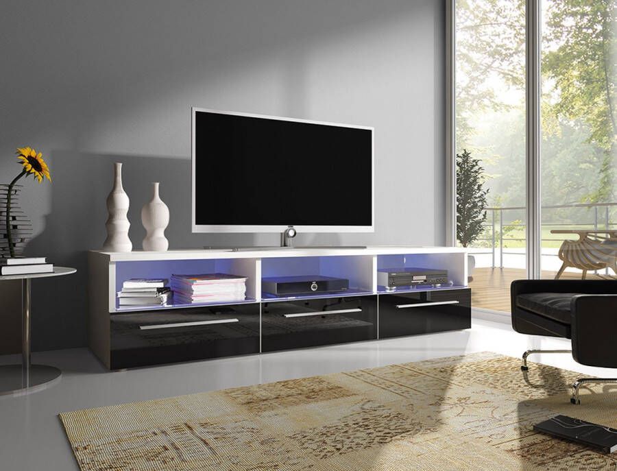 Maxi Maja ROMA tv-meubel tv-kast wit + zwart hoogglans breedte 150 cm moderne kast met planken. Korting
