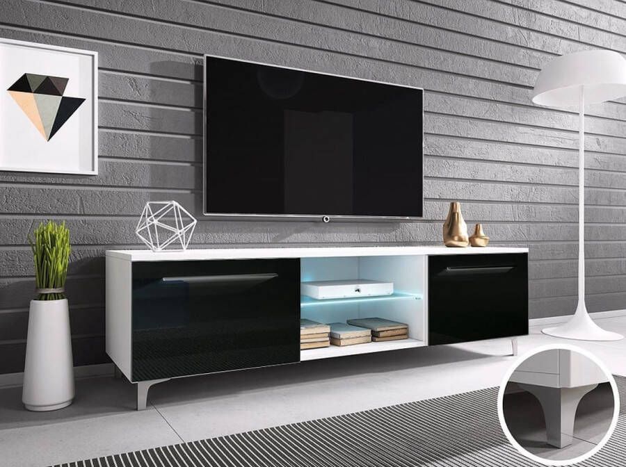 Maxi Maja RTV 13W TV-meubel op poten breedte 150 cm LED-verlichting met planken wit zwart glans