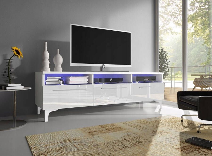 Maxi Maja RTV 2W TV-meubel + LED woonkamermeubel wit wit glans op poten met planken breedte 150 cm