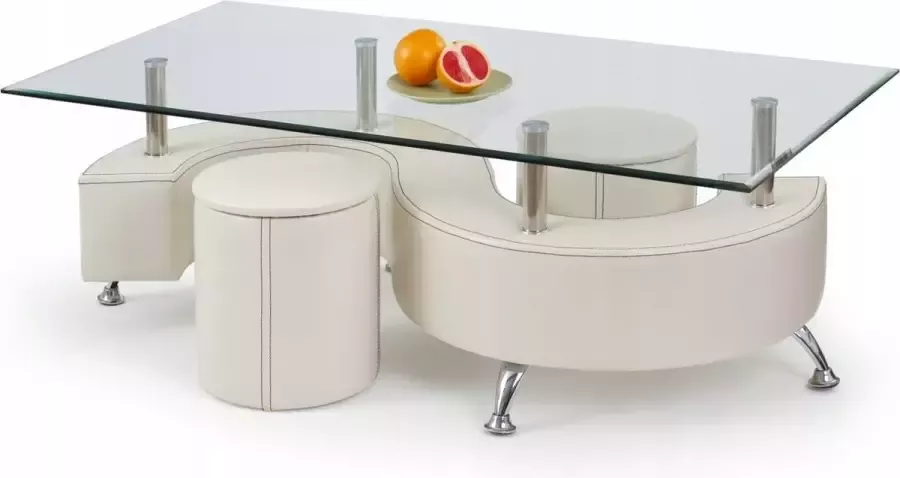 Maxi Huis Salontafel met poefs Nina 3 Wit Glas Verchroomd staal 130x70x55