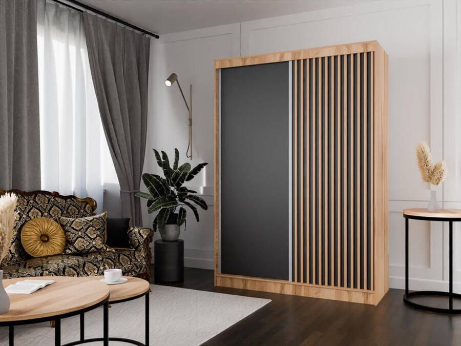 Maxi Huis Schuifkast met latten kledingkast twee schuifdeuren breedte 150 cm planken kledingroede gouden eik + zwart voor de slaapkamer voor de hal latten – modern